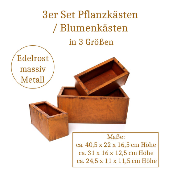 LB H&F 3er Set Blumenkasten Balkonkasten Rost Edelrost - 3 Größen - Pflanzkasten Massiv Metall Rostdeko Gartendeko Pflanzgefäß